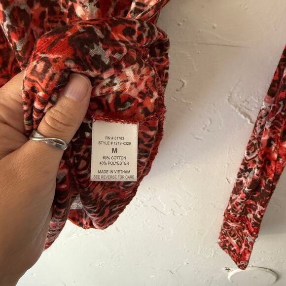 Maurices Red Sheer Abstract Print Long Sleeve Top M Y2K Stretch Fitted Burnout - Picture 6 of 8